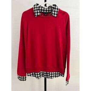 EUC Tommy Hilfiger Womens Red Sweater With Plaid Collar Large Cotton/Polyester B
